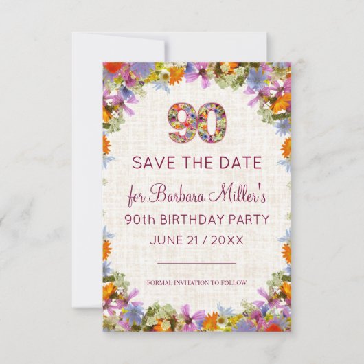 90e Verjaardagstuinfeest – Elegante Bloemen Save The Date (Voorkant)