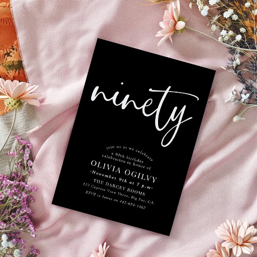 90e Wit op Black Birthday Party Modern Script Kaart