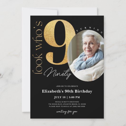 90e zwarte gouduitnodiging met foto kaart (Voorkant)