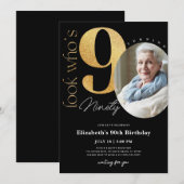 90e zwarte gouduitnodiging met foto kaart (Voorkant / Achterkant)