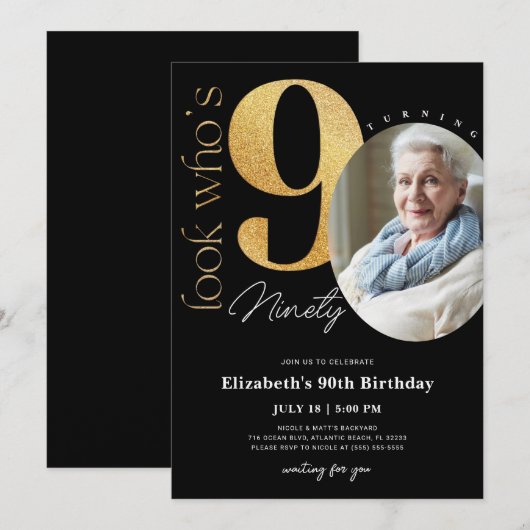 90e zwarte gouduitnodiging met foto kaart (Voorkant / Achterkant)