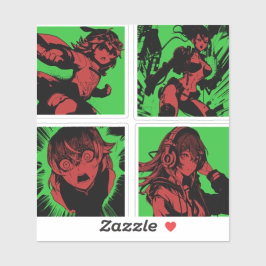 90s Anime Meisjes in Groene Esthetiek Sticker (Vel)