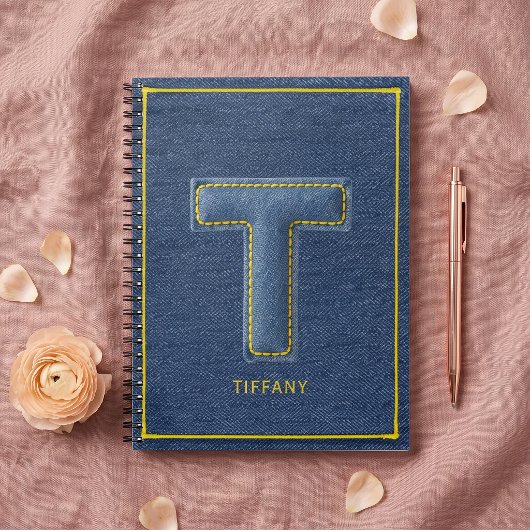 90s Blauwe Denim Appliqué Letter T Monogram Naam Notitieboek