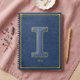 90s Blauwe Denim Gele Steek Monogram Initiaal I Notitieboek