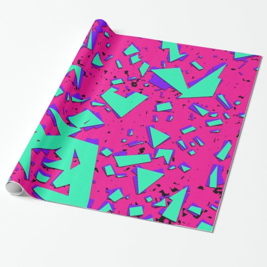 90s Blauwgroen en Roze Abstract Geometrisch Patroo Cadeaupapier (Uitgerold)