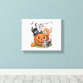 90s Cat Pumpkin Halloween Bloemen Spooky Seizoen Canvas Afdruk (Insitu (Houten vloer))