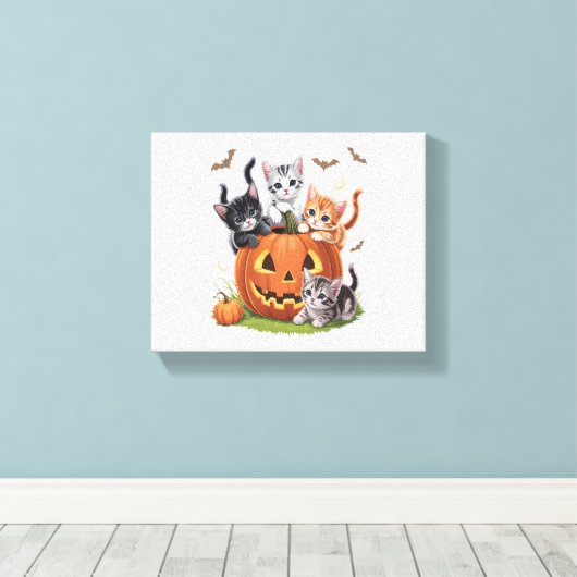 90s Cat Pumpkin Halloween Bloemen Spooky Seizoen Canvas Afdruk (Insitu (Houten vloer))