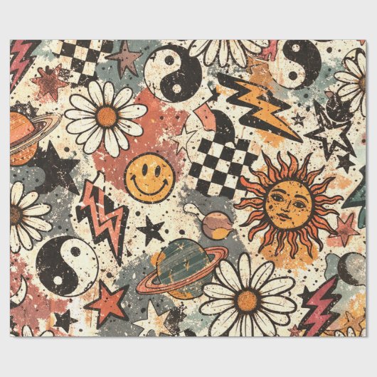 90s Happy Faces Sun Flowers Pattern Cadeaupapier (Vlak)