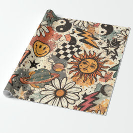 90s Happy Faces Sun Flowers Pattern Cadeaupapier