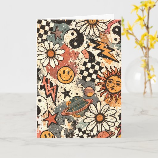 90s Happy Faces Sun Flowers Pattern Kaart (Gele Bloem)