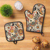 90s Happy Faces Sun Flowers Pattern Ovenwant & Pannenlap Set (Top down)