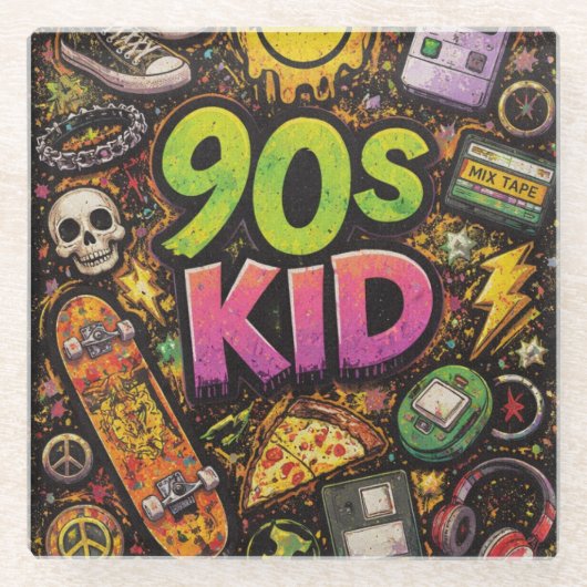 90s Kids Grunge Seamless Pattern: Pizza, Skeletons Glazen Onderzetter (Voorkant)