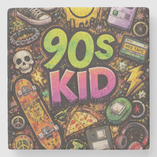 90s Kids Grunge Seamless Pattern: Pizza, Skeletons Stenen Onderzetter (Voorkant)