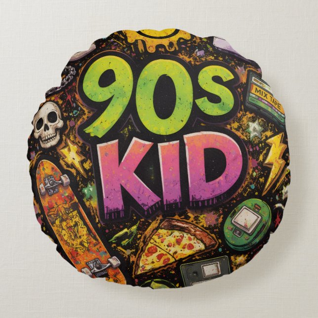 90s Kids Retro Pizza Fun Pattern Rond Kussen (Voorkant)