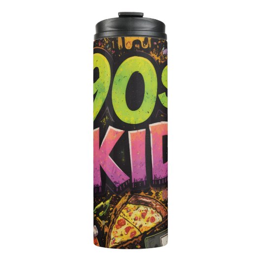 90s Kids Retro Pizza Smiley Face Flower Design Thermosbeker (Voorkant)