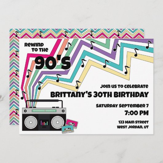 90's Muziek Thema Verjaardagsfeestuitnodiging Kaart (Voorkant / Achterkant)