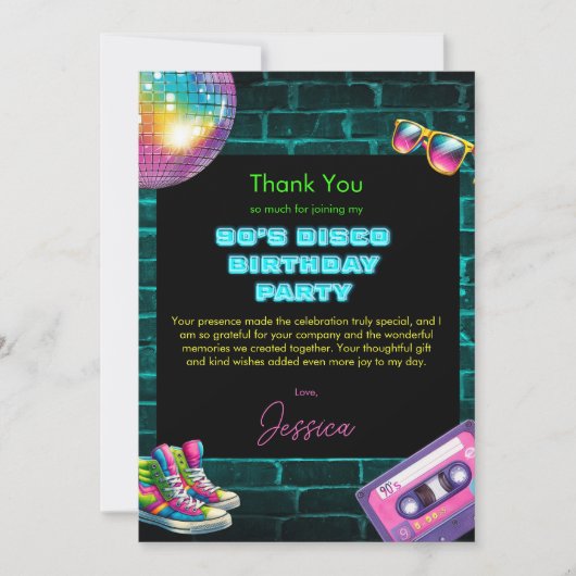 90s Neon Disco Verjaardag Bedankkaart (Voorkant)