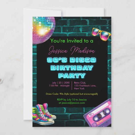 90s Neon Disco Verjaardag Kaart (Voorkant)