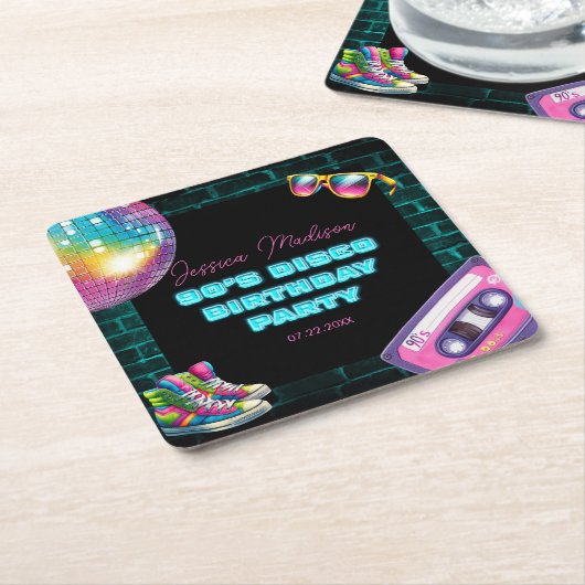 90s Neon Disco Verjaardag Kartonnen Onderzetters (Schuin)