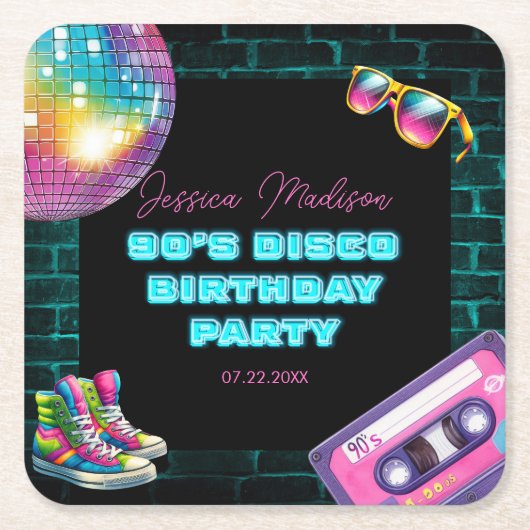 90s Neon Disco Verjaardag Kartonnen Onderzetters (Voorkant)