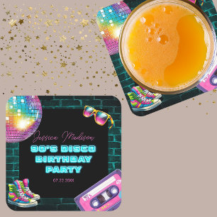 90s Neon Disco Verjaardag Kartonnen Onderzetters