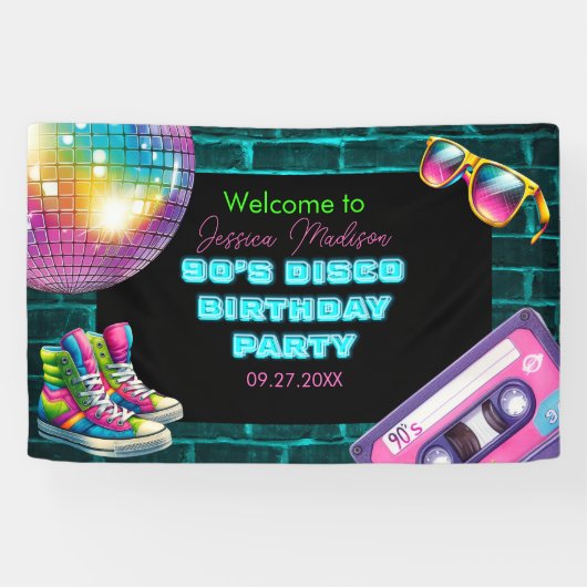 90s Neon Disco Verjaardag Spandoek (Horizontaal)