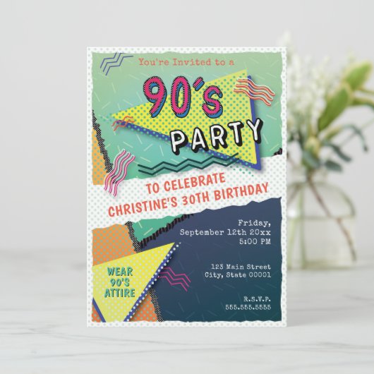 90's PARTY Theme Patroon Uitnodiging (Staand voorkant)