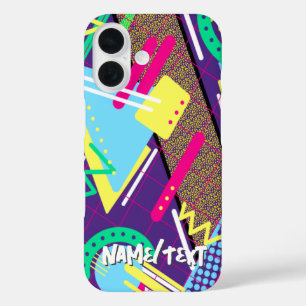 90s Pattern, Retro Nineties Geometrisch Blauw iPhone 16 Hoesje