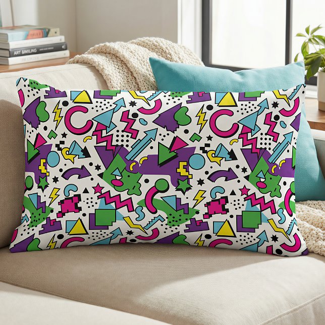 90s Retro Paars Turquoise Groen Memphis Stijl Kussen (Creator heeft geüpload)