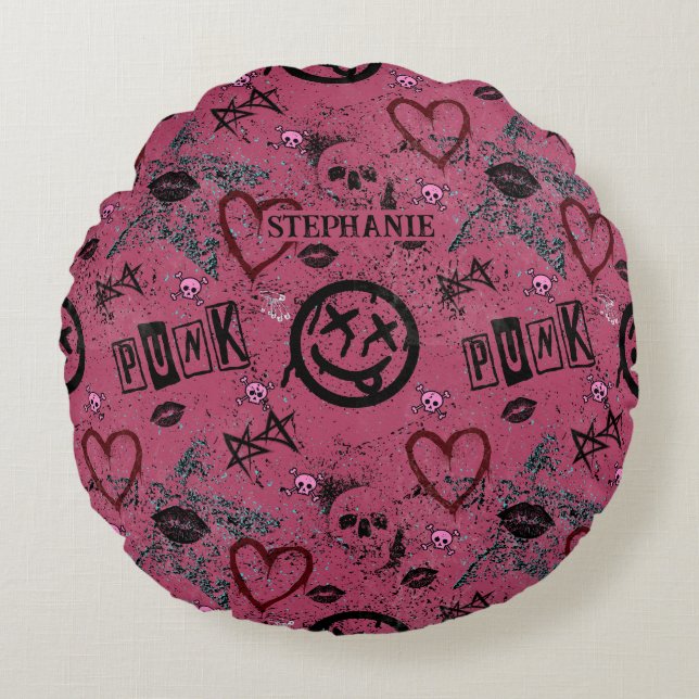 90s Retro Roze Girly Punk Rond Kussen (Voorkant)