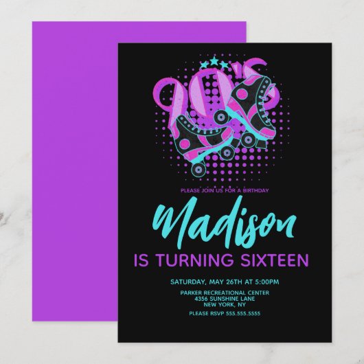 90s Roller Schaatsen Theme Birthday Party Invitati Kaart (Voorkant / Achterkant)