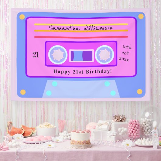 90's Roze Blauwe Pastel Cassette 21e Verjaardagsfe Spandoek (Feest)