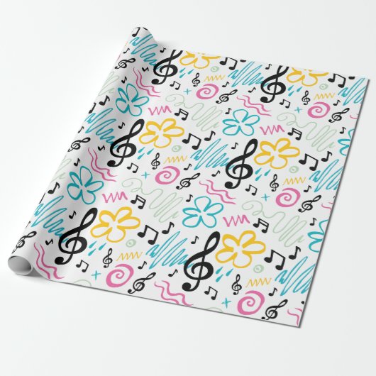 90s Style Treble Clef Muziek Cadeaupapier (Uitgerold)