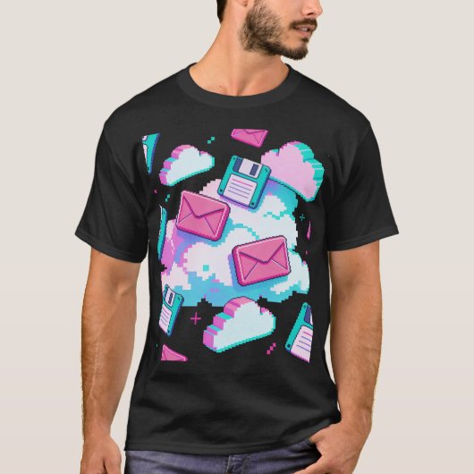 90s Vaporwave Floppy Disk & Pixel Cloud Y2K T-shirt (Voorkant)
