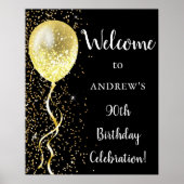90ste | Black & Gold Glitter Verjaardag Welkom Poster (Voorkant)