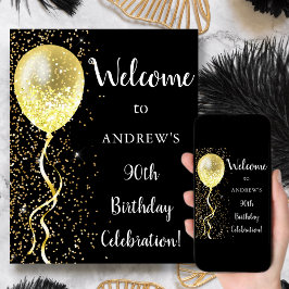 90ste | Black & Gold Glitter Verjaardag Welkom Poster