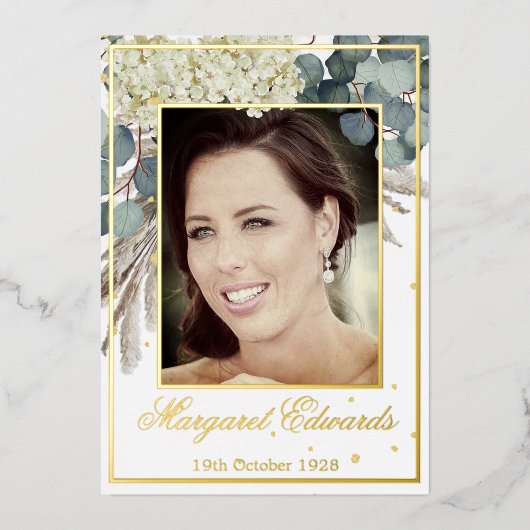 90ste bloemige blauwe elegante foto Verjaardag Folie Uitnodiging (Voorkant)