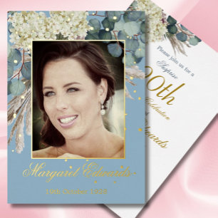 90ste bloemige blauwe elegante foto Verjaardag Folie Uitnodiging