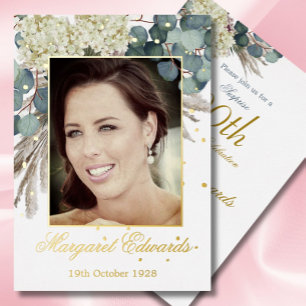 90ste bloemige blauwe elegante foto Verjaardag Folie Uitnodiging