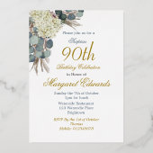 90ste bloemige blauwe elegante foto Verjaardag Folie Uitnodiging (Achterkant)