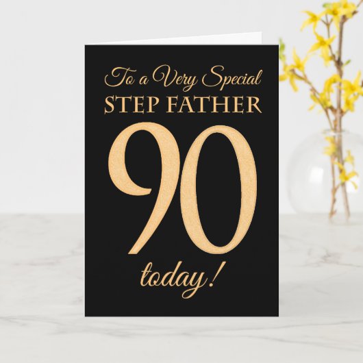 90ste Gouden Effect op Zwart, Stap Vader Verjaarda Kaart (Gele Bloem)