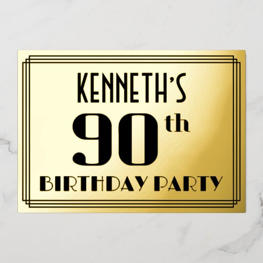90ste verjaardag: Art Deco Kijk "90" en naam Folie Uitnodiging (Voorkant)