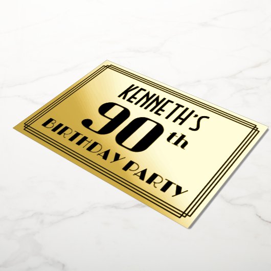 90ste verjaardag: Art Deco Kijk "90" en naam Folie Uitnodiging (Gedraaid)