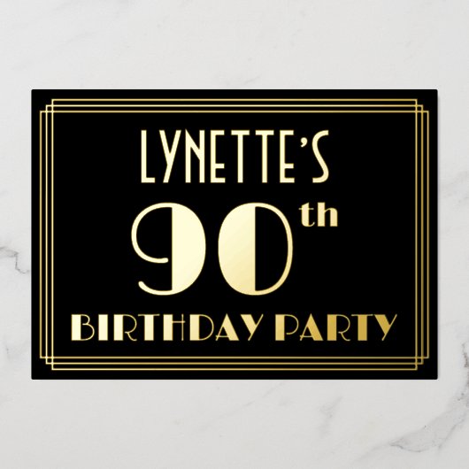 90ste verjaardag: Art Deco Kijk "90", met naam Folie Uitnodiging (Voorkant)