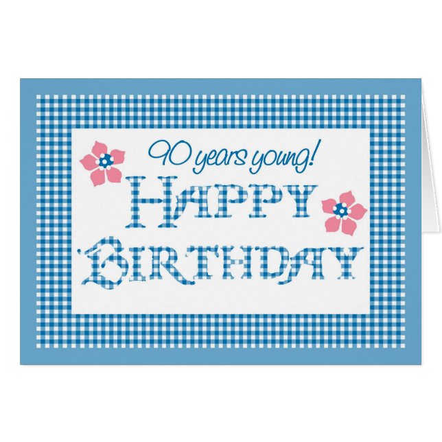 90ste verjaardag, blauw check Gingham patroon (Voorkant Horizontaal)