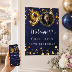 90ste verjaardag blauwe gouden sterren foto welkom poster