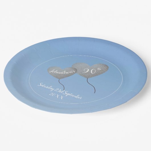 90ste verjaardag blauwe lucht & zilveren ballon papieren bordje (Gekanteld)