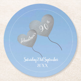 90ste verjaardag blauwe lucht & zilveren ballon ronde kartonnen onderzetter