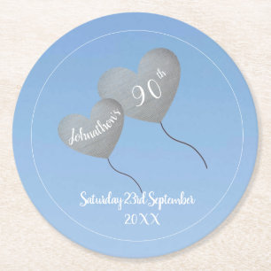 90ste verjaardag blauwe lucht & zilveren ballon ronde kartonnen onderzetter
