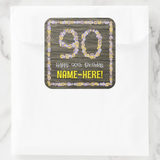 90ste verjaardag: Bloemennummer, Faux Wood Look, N Vierkante Sticker (Tas)